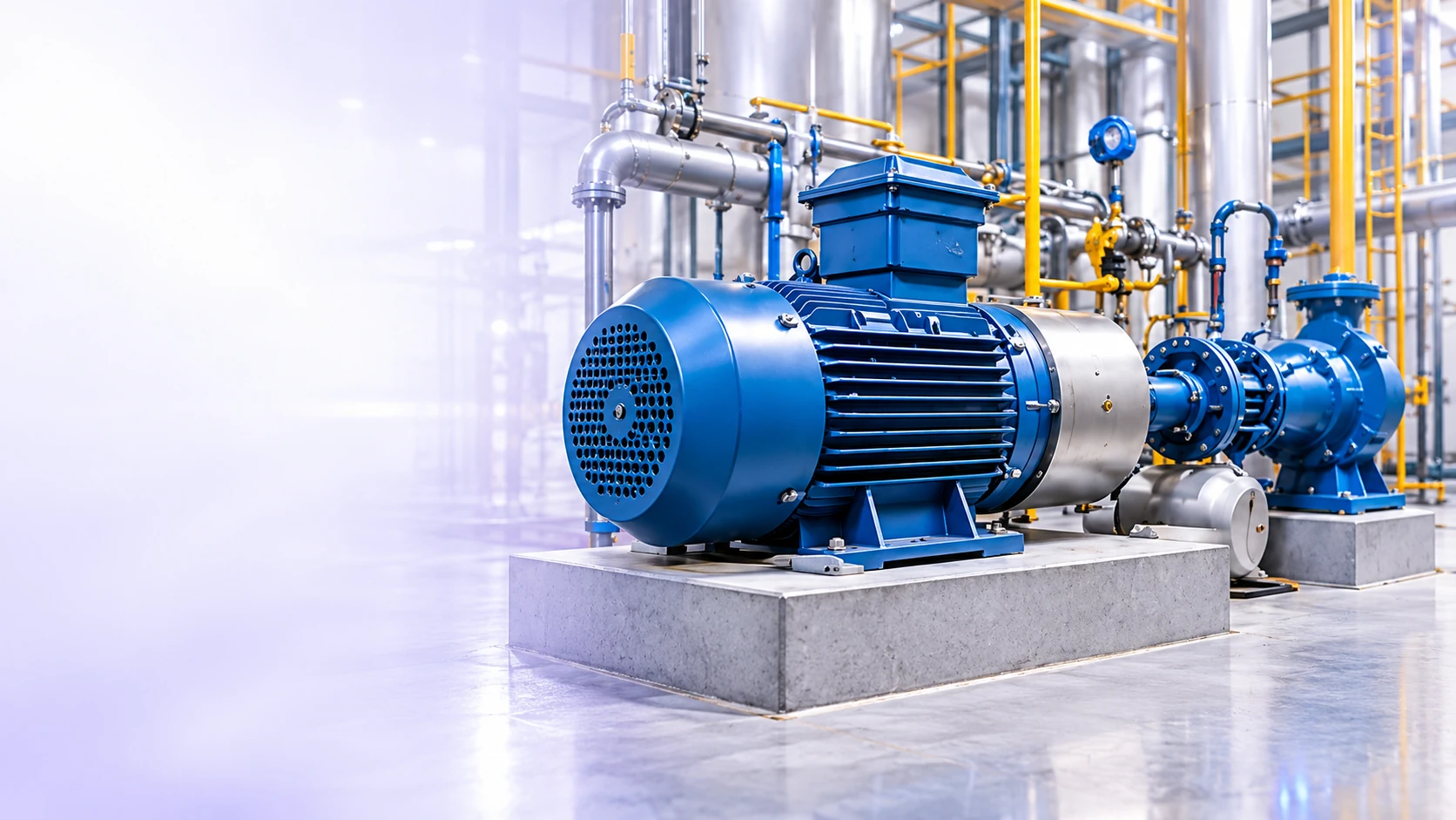 Blue industrial motor and pump in a modern plant